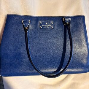 kate spade blue pebbled leather tote with gold logo